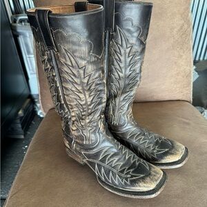 Stetson Distressed Black/Brown Embossed Leather Cowboy Boots
